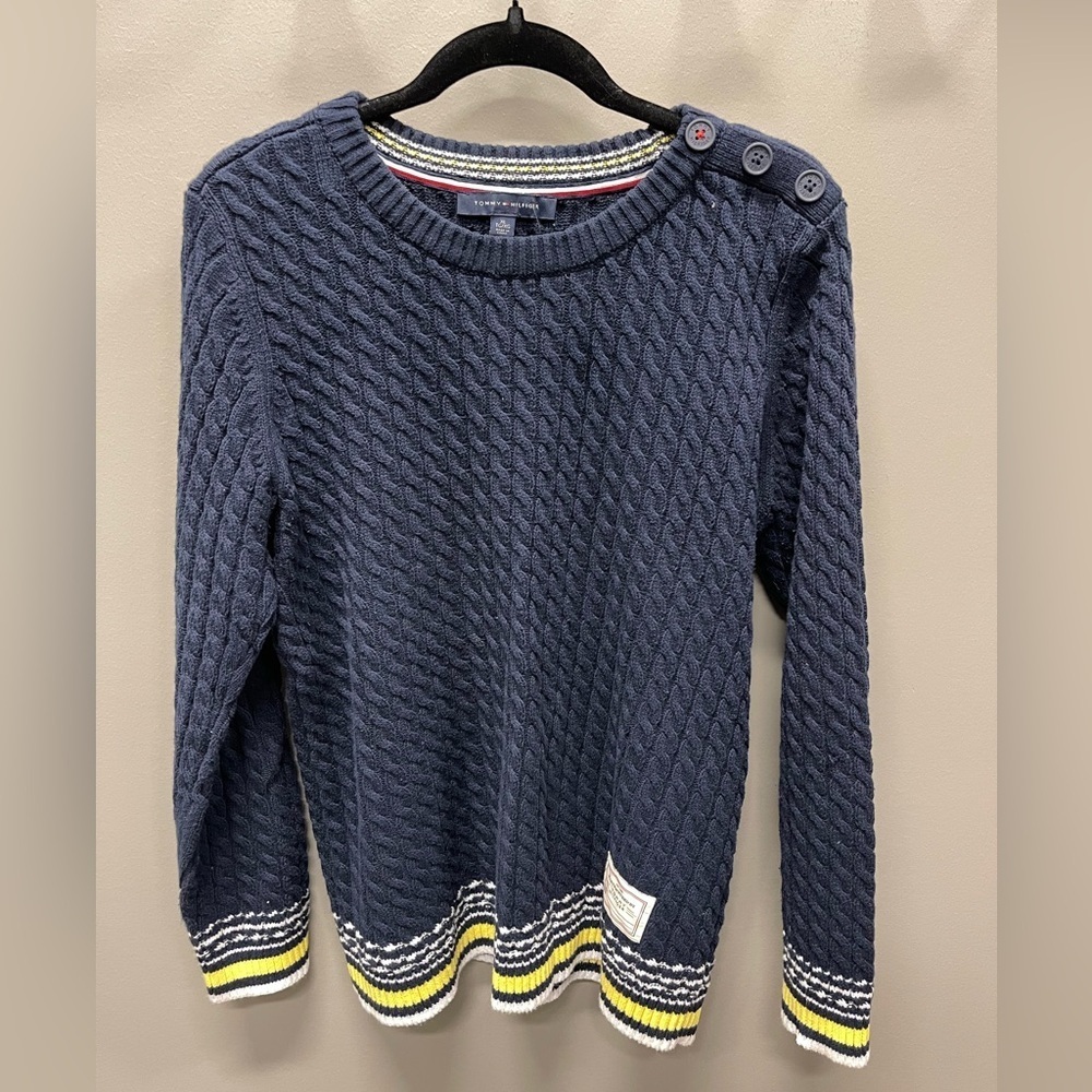 Tommy Hilfiger Navy Cable Knit Sweater with Button Accents - Picture 1 of 4